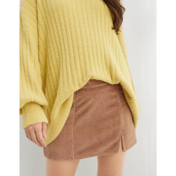 AERIE Corduroy Micro Mini Skirt S Cappuccino Brown Tan Side Zip Lightweight B49 - Picture 1 of 7